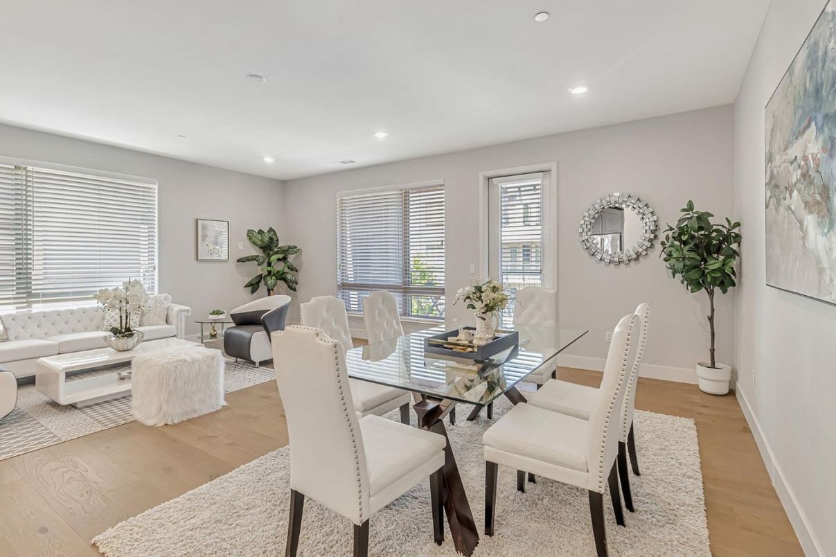 Dining room, Interior, Living room, Recessed Lighting, Wood Texture Flooring