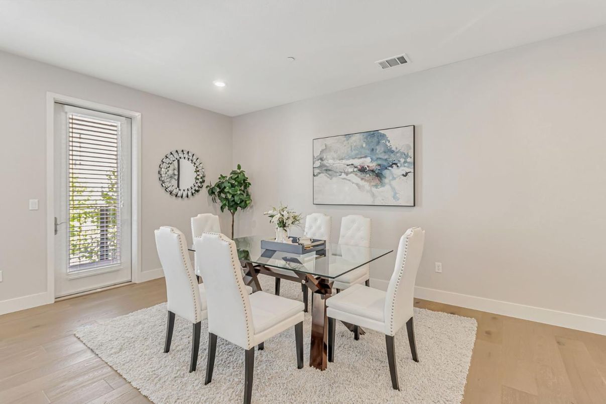 Dining room, Interior, Recessed Lighting, Wood Texture Flooring