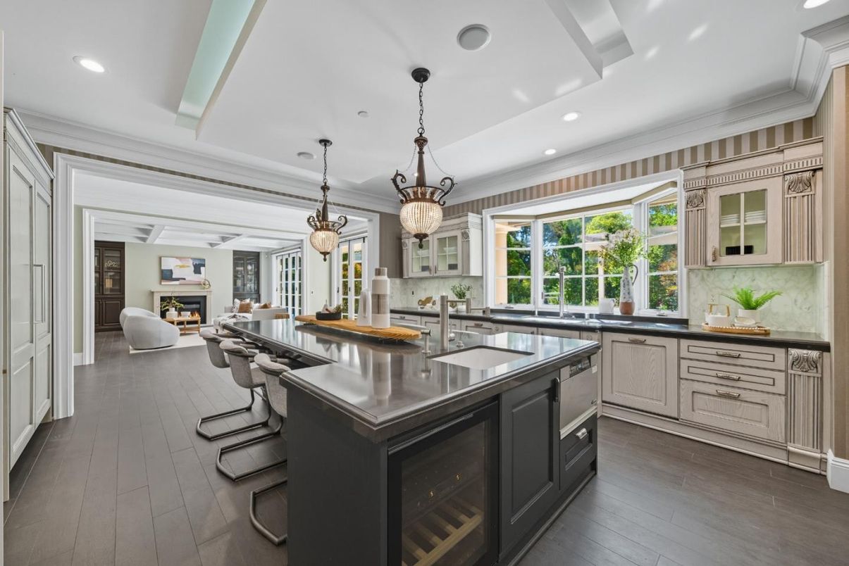 Chandelier, Fireplace, Interior, Kitchen, Pendant Lights, Recessed Lighting, Wood Texture Flooring