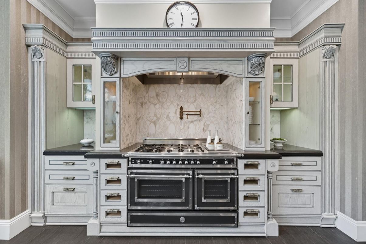 Interior, Kitchen, Marble Walls, Stainless Steel Appliances, Wood Texture Flooring