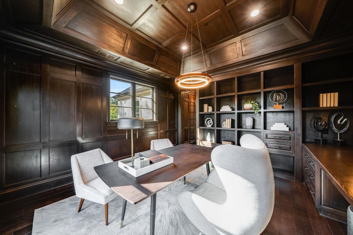 Home Office, Interior, Pendant Lights, Recessed Lighting, Wooden Ceilings, Wood Texture Flooring, Wooden Walls