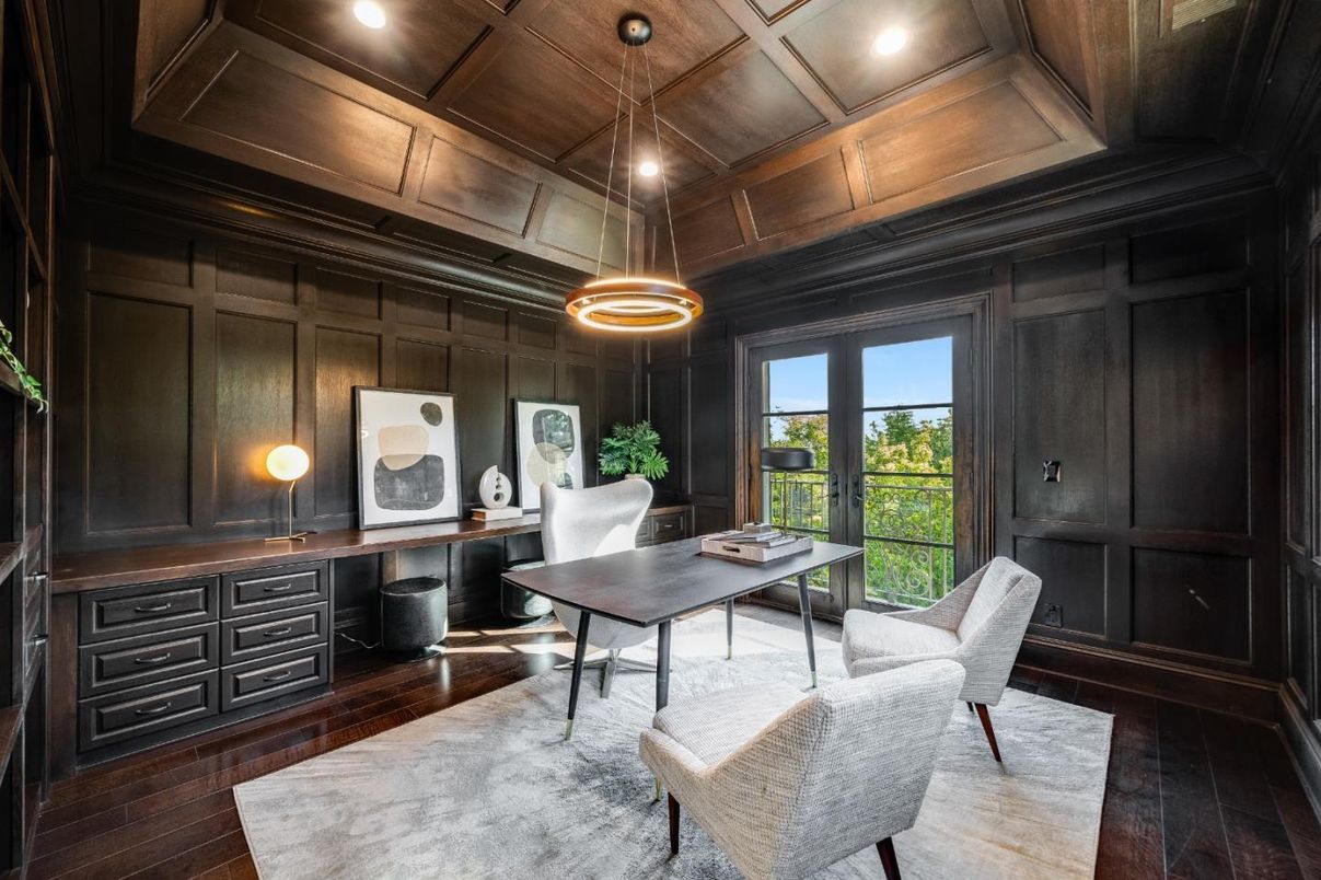 Home Office, Interior, Pendant Lights, Recessed Lighting, Wooden Ceilings, Wood Texture Flooring, Wooden Walls