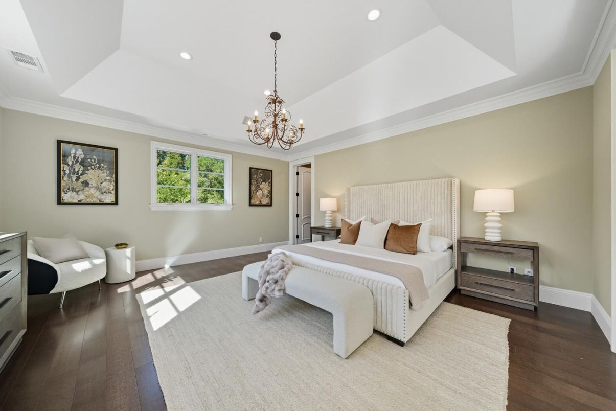 Bedroom, Chandelier, Interior, Recessed Lighting, Wood Texture Flooring