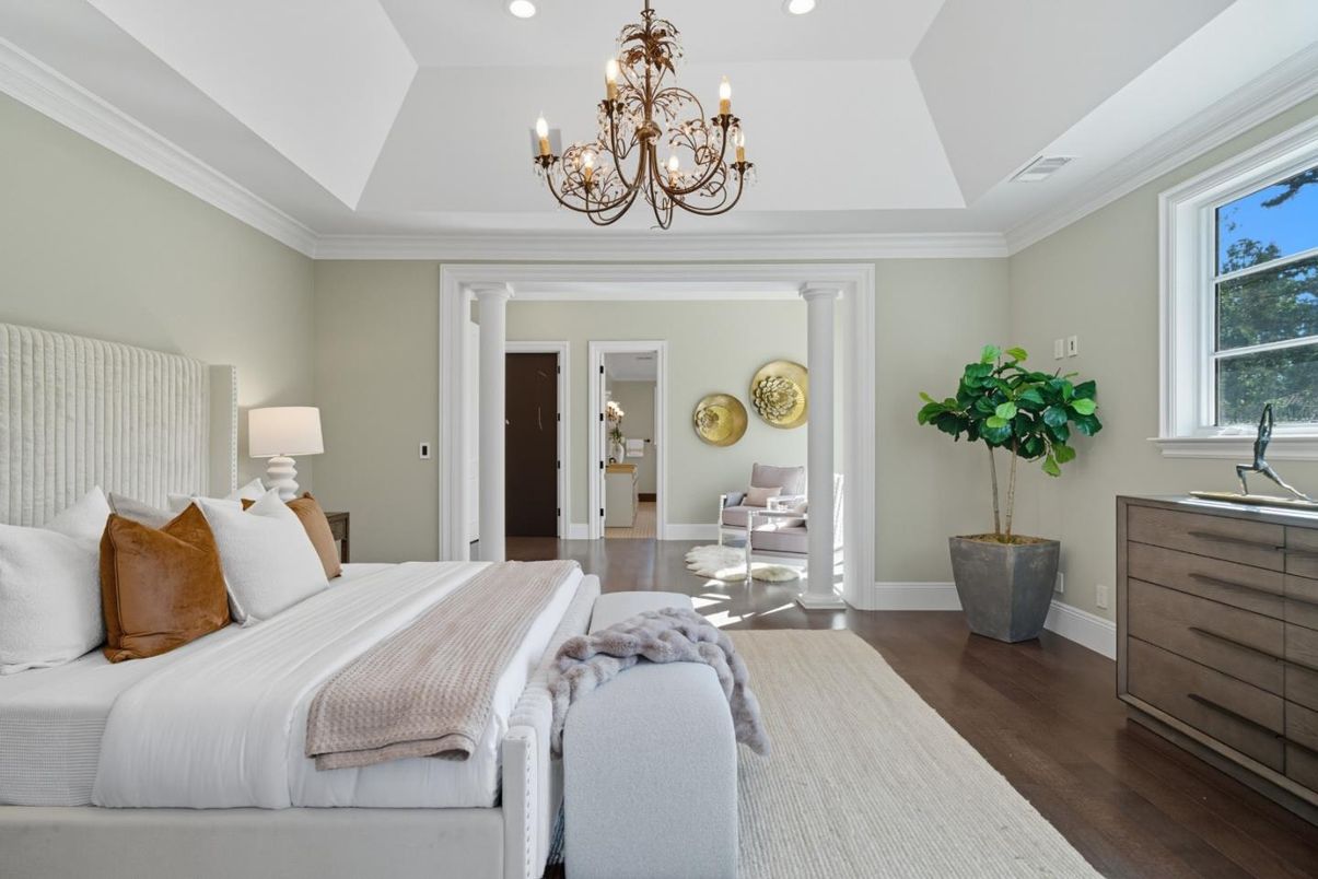 Bedroom, Chandelier, Interior, Recessed Lighting, Wood Texture Flooring