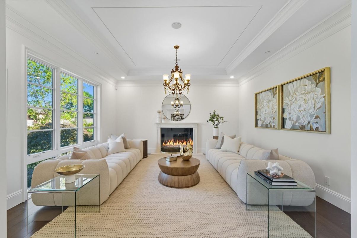 Chandelier, Fireplace, Interior, Living room, Recessed Lighting, Wood Texture Flooring