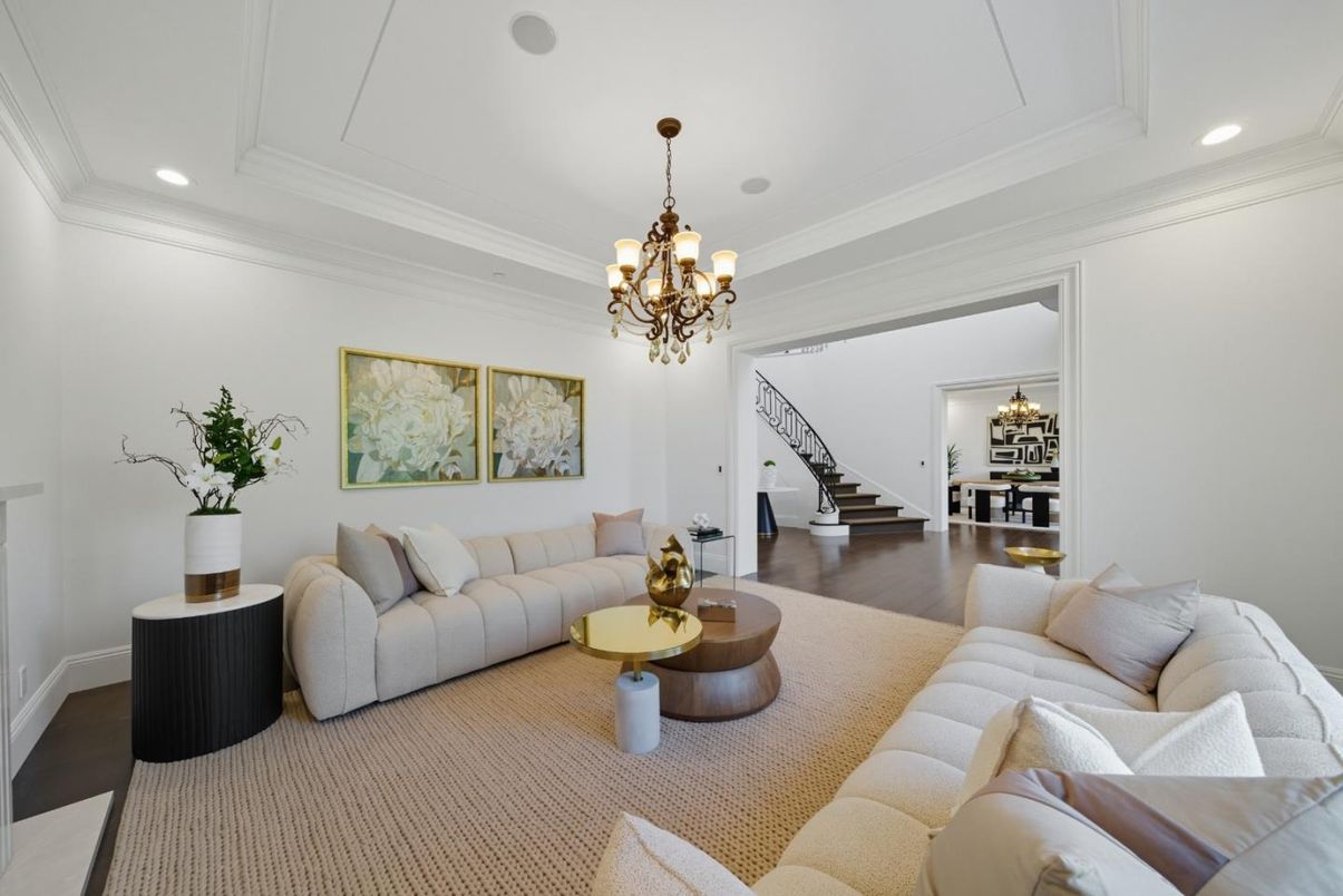 Chandelier, Interior, Living room, Recessed Lighting, Wood Texture Flooring