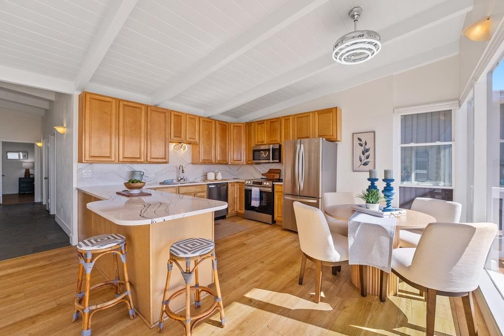 Dining room, Interior, Kitchen, Pendant Lights, Stainless Steel Appliances, Wood Texture Flooring