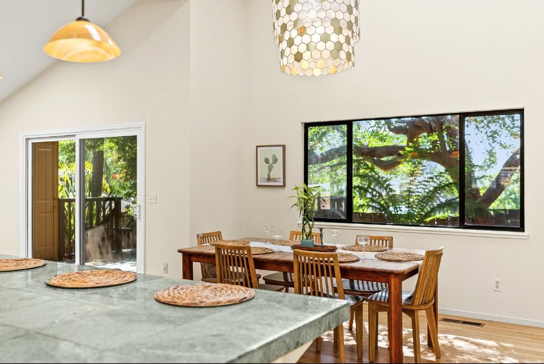 Dining room, Interior, Pendant Lights, Wood Texture Flooring