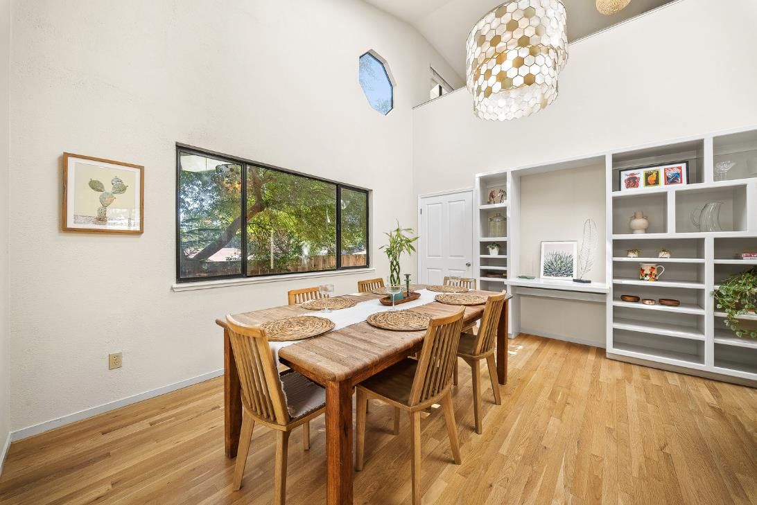 Dining room, Interior, Pendant Lights, Wood Texture Flooring