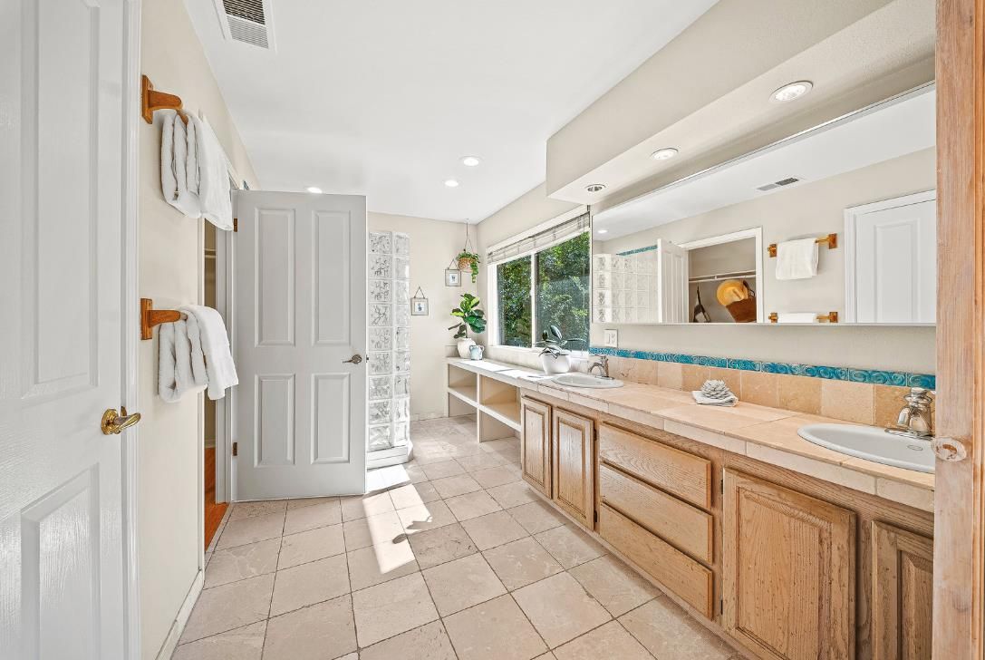 Bathroom, Dual Sink Vanities, Interior, Recessed Lighting, Tile Countertops