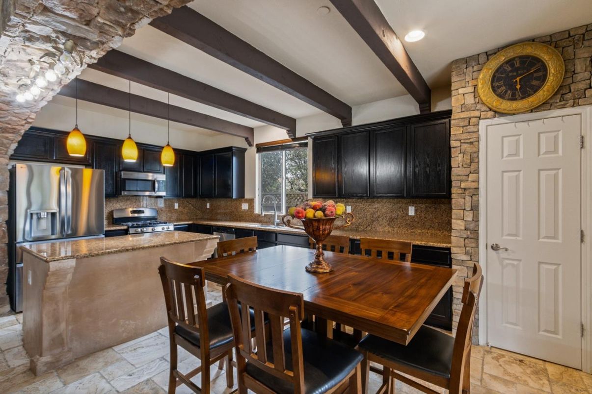 Dining room, Interior, Kitchen, Pendant Lights, Recessed Lighting, Stainless Steel Appliances, Stone Walls, Wooden Beams