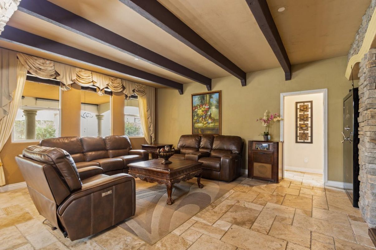 Interior, Living room, Recessed Lighting, Stone Walls, Wooden Beams