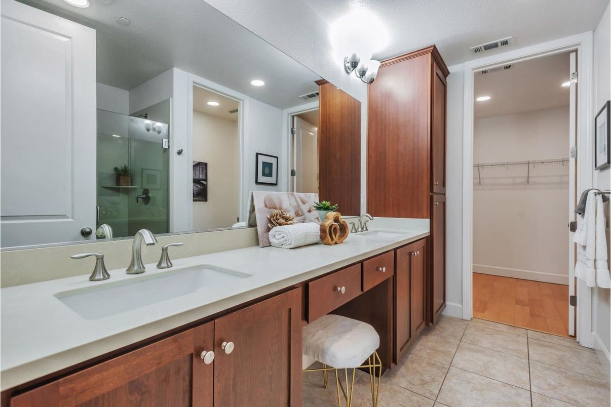 Bathroom, Dual Sink Vanities, Interior, Recessed Lighting, Wood Texture Flooring