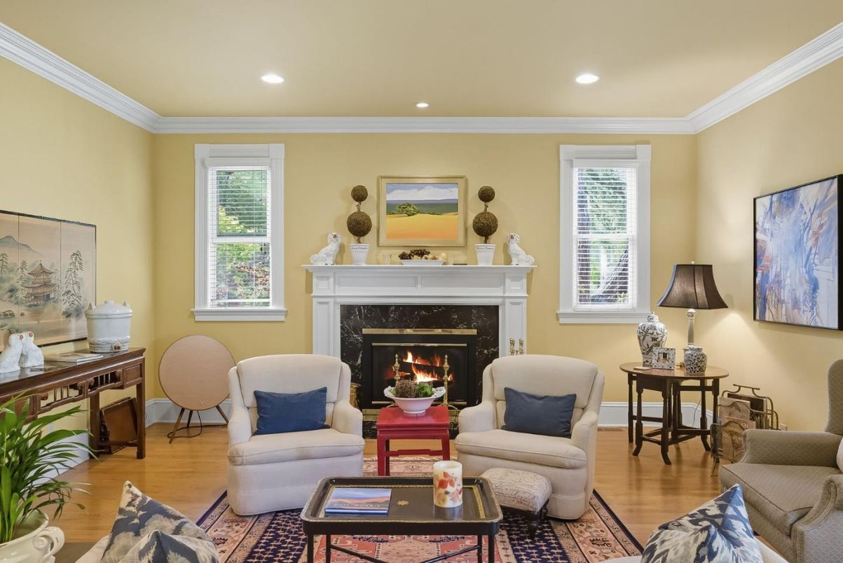 Fireplace, Interior, Living room, Recessed Lighting, Wood Texture Flooring