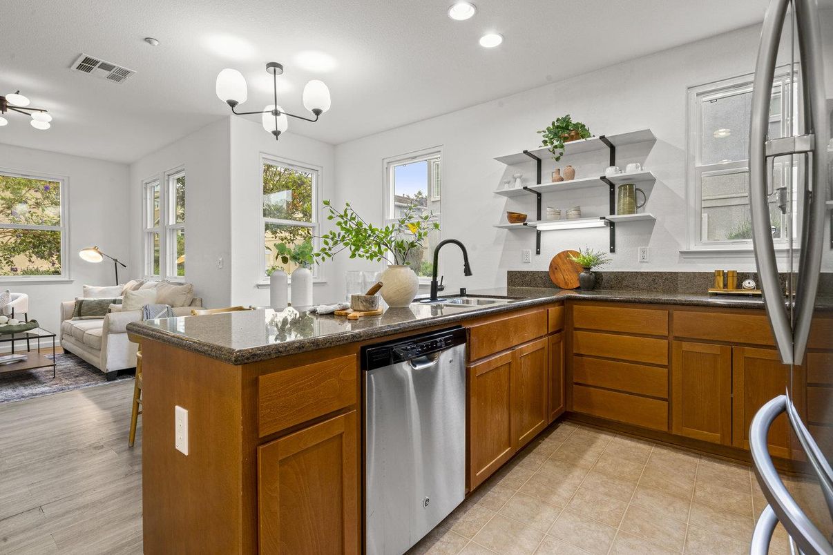 Interior, Kitchen, Living room, Recessed Lighting, Stainless Steel Appliances, Wood Texture Flooring