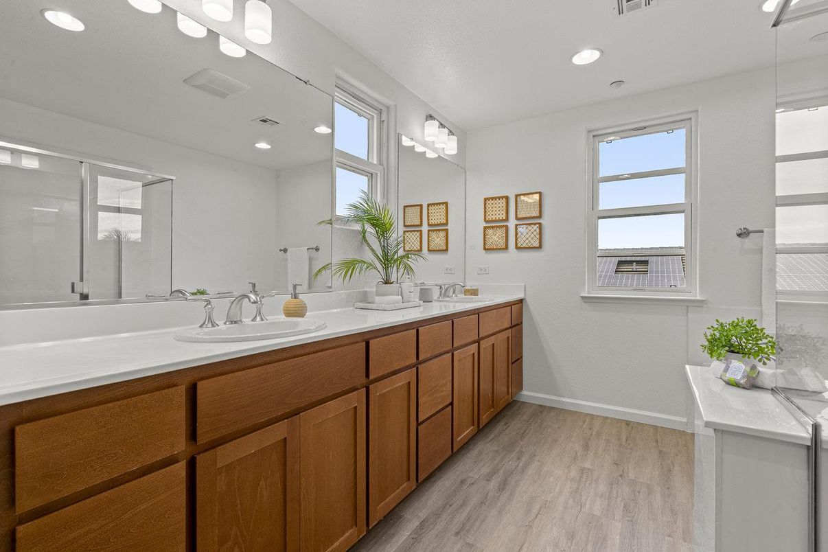 Bathroom, Dual Sink Vanities, Glass Shower, Interior, Recessed Lighting, Wood Texture Flooring
