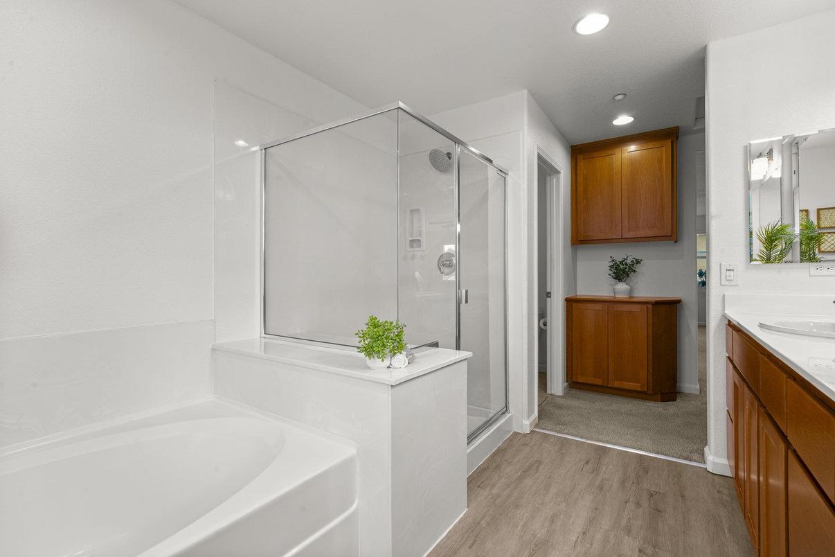 Bathroom, Glass Shower, Interior, Recessed Lighting, Wood Texture Flooring