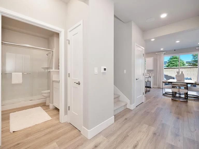 Bathroom, Interior, Recessed Lighting, Wood Texture Flooring