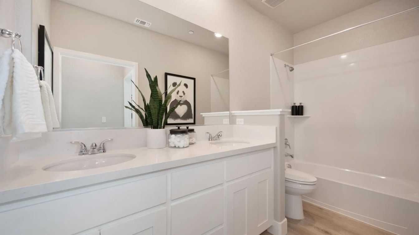 Bathroom, Dual Sink Vanities, Interior, Recessed Lighting, Wood Texture Flooring