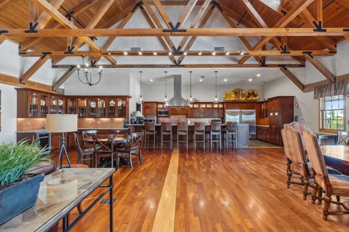 Dining room, Interior, Kitchen, Pendant Lights, Recessed Lighting, Stainless Steel Appliances, Wooden Beams, Wooden Ceilings, Wood Texture Flooring