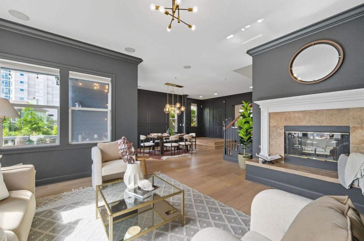 Dining room, Fireplace, Interior, Living room, Pendant Lights, Recessed Lighting, Wood Texture Flooring