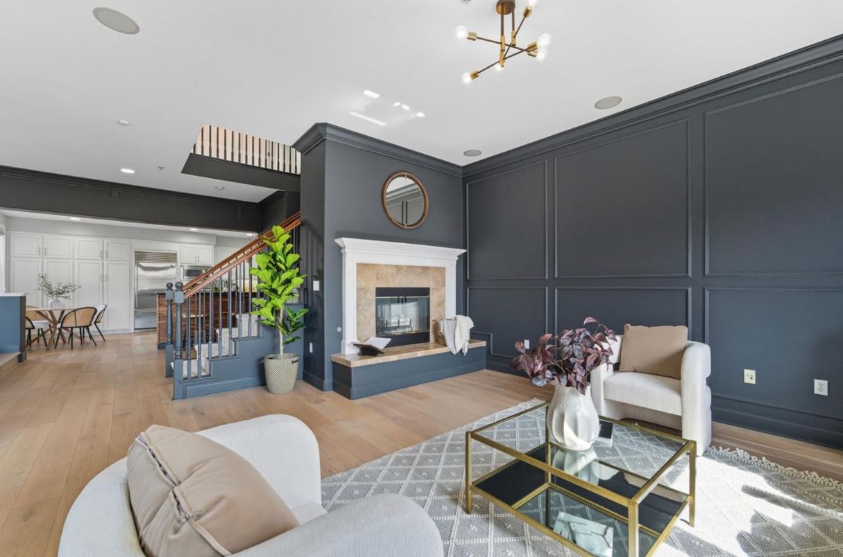 Dining room, Fireplace, Interior, Living room, Pendant Lights, Recessed Lighting, Wood Texture Flooring