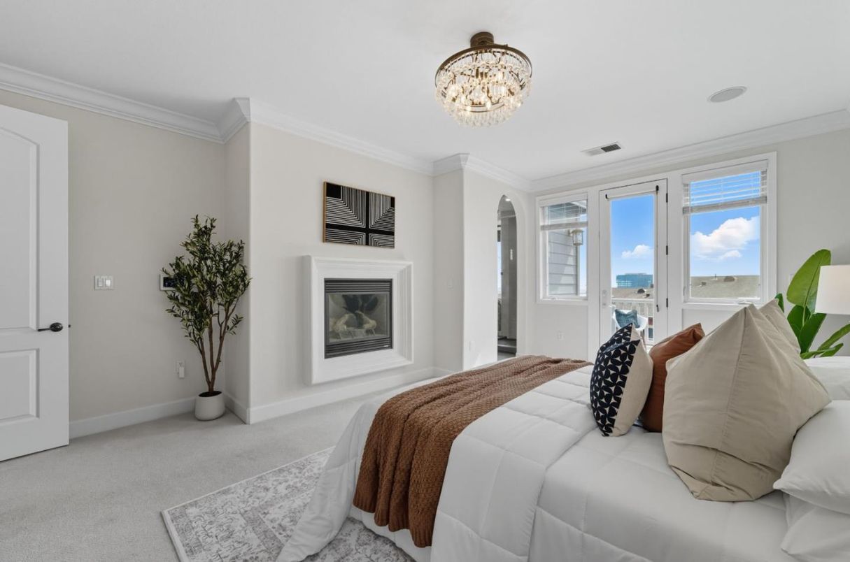 Bedroom, Chandelier, Fireplace, Interior, Water
