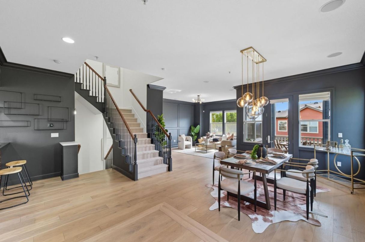 Dining room, Interior, Pendant Lights, Recessed Lighting, Wood Texture Flooring