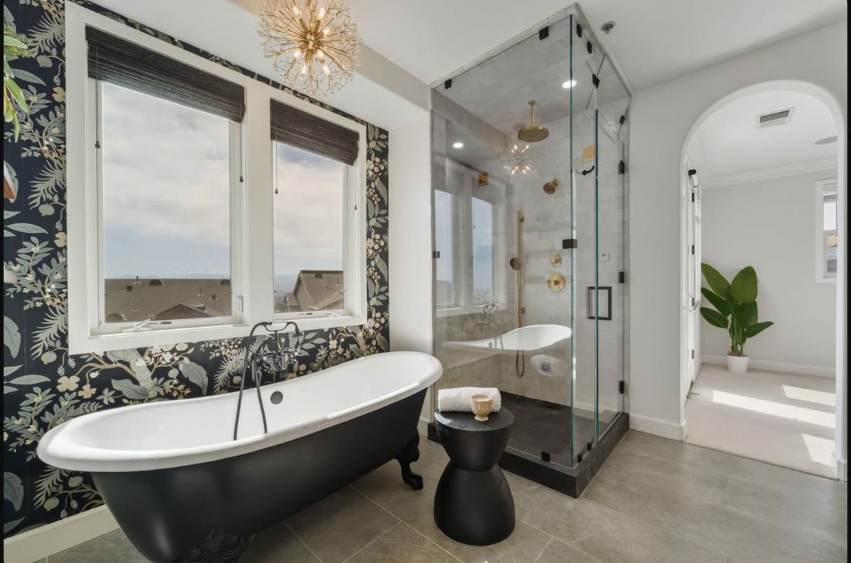 Bathroom, Chandelier, Free Standing Baths, Glass Shower, Interior, Recessed Lighting