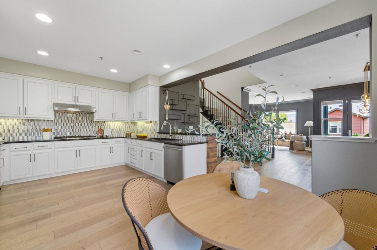 Dining room, Interior, Kitchen, Living room, Recessed Lighting, Stainless Steel Appliances, Wood Texture Flooring