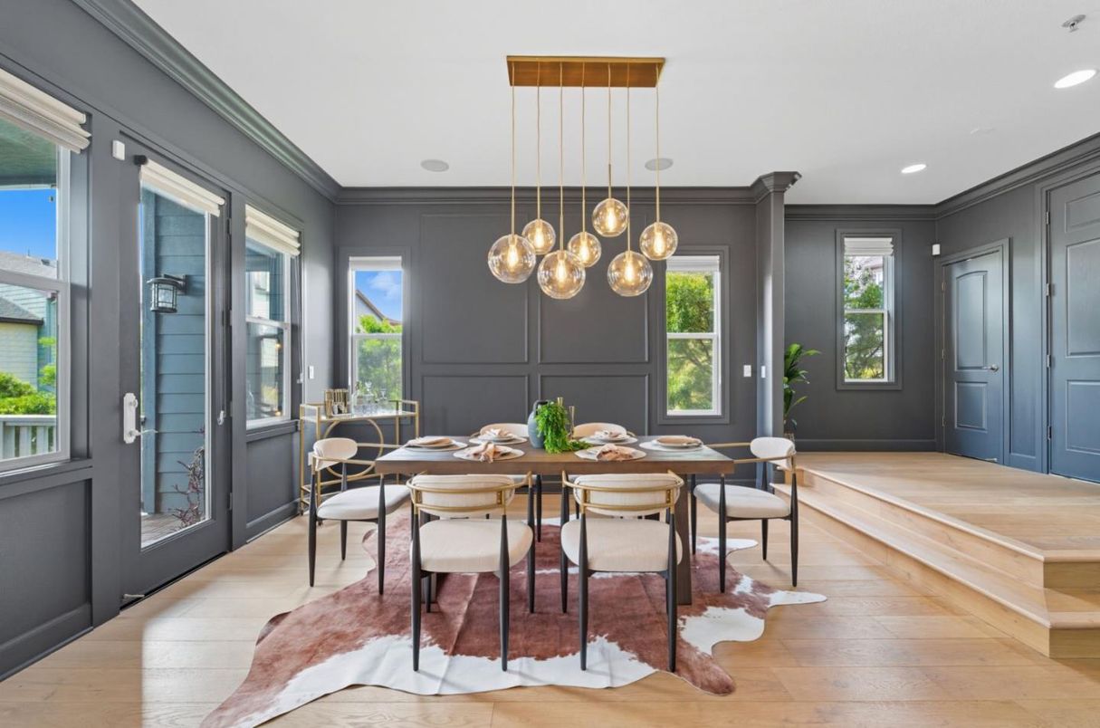 Dining room, Interior, Pendant Lights, Recessed Lighting, Wood Texture Flooring