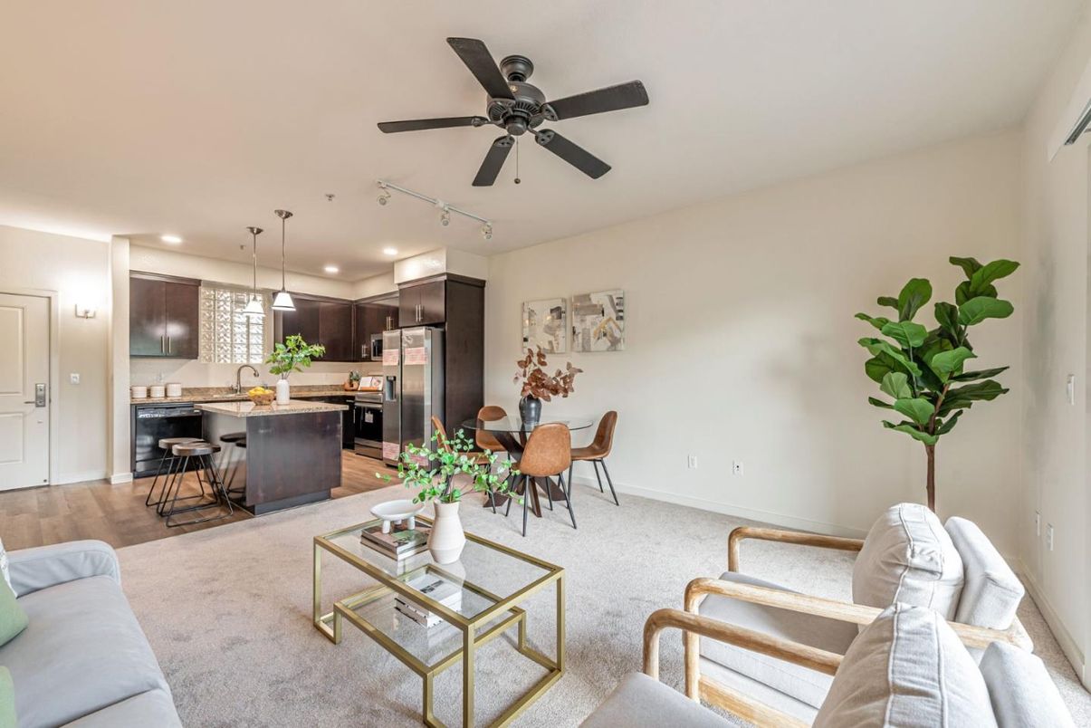 Dining room, Interior, Kitchen, Living room, Pendant Lights, Recessed Lighting, Stainless Steel Appliances, Wood Texture Flooring