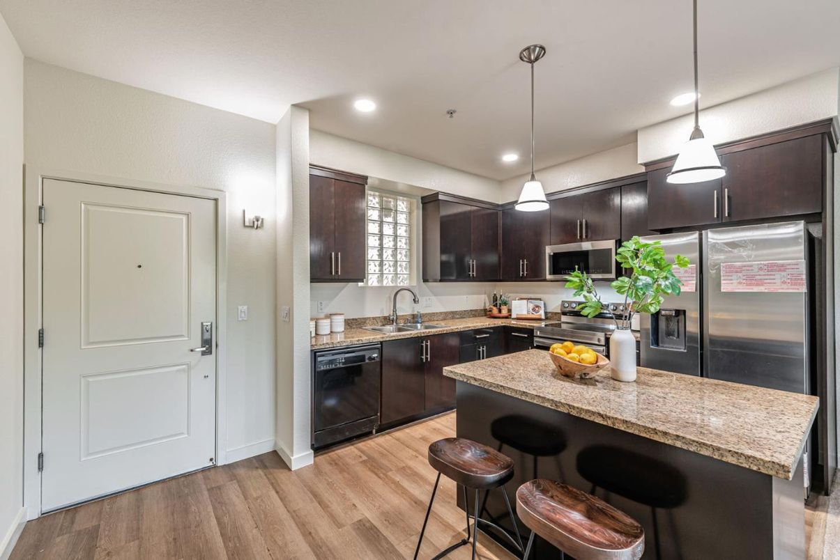 Interior, Kitchen, Pendant Lights, Recessed Lighting, Stainless Steel Appliances, Wood Texture Flooring