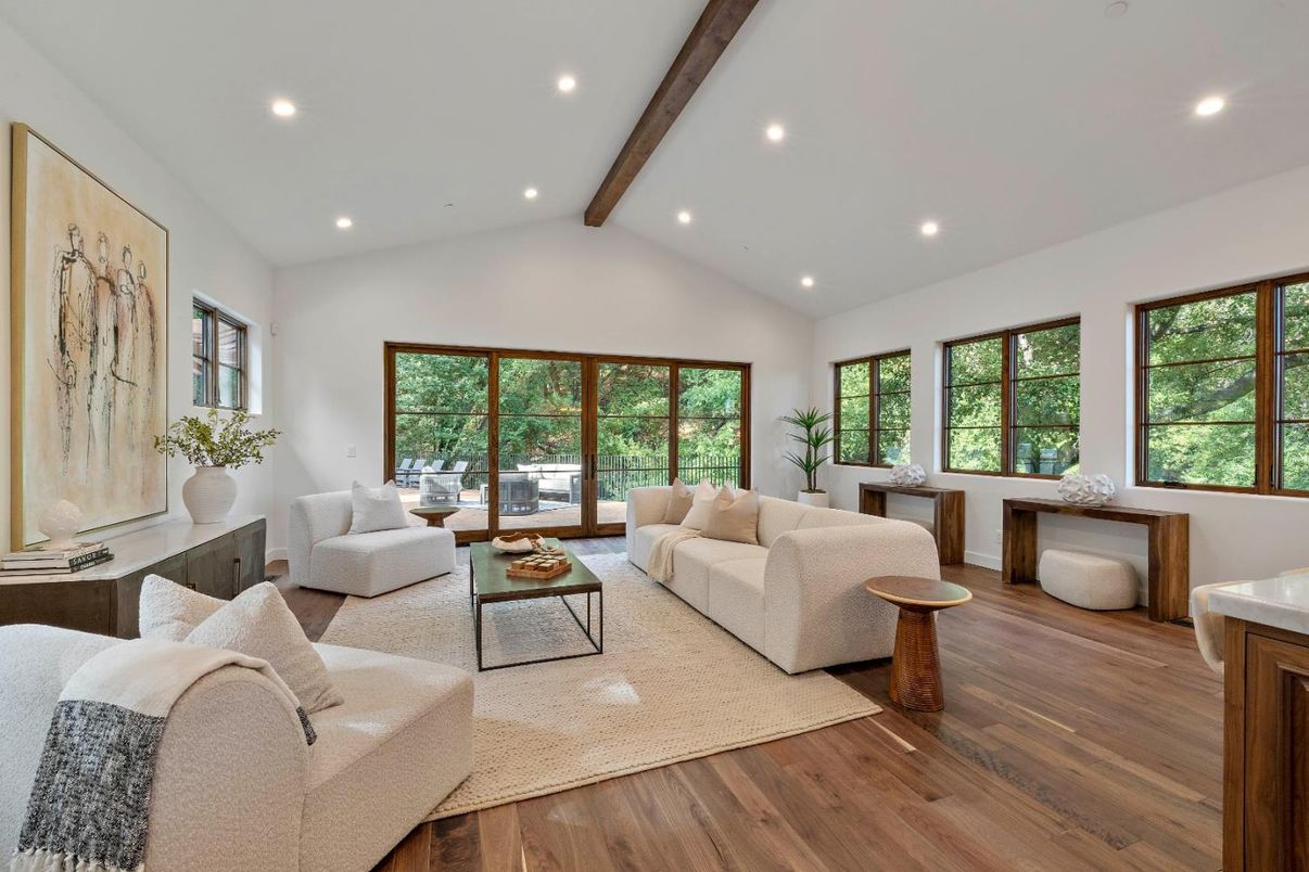 Interior, Living room, Recessed Lighting, Wooden Beams, Wood Texture Flooring