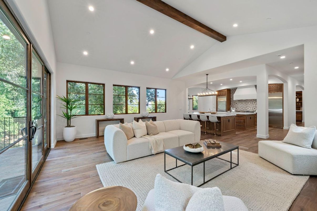 Interior, Kitchen, Living room, Pendant Lights, Recessed Lighting, Stainless Steel Appliances, Wooden Beams, Wood Texture Flooring