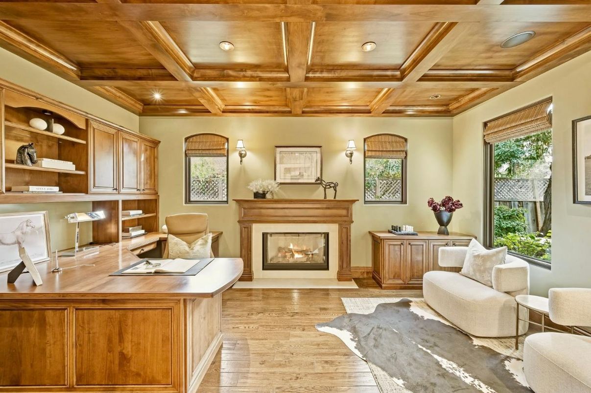 Fireplace, Home Office, Interior, Recessed Lighting, Wooden Beams, Wooden Ceilings, Wood Texture Flooring