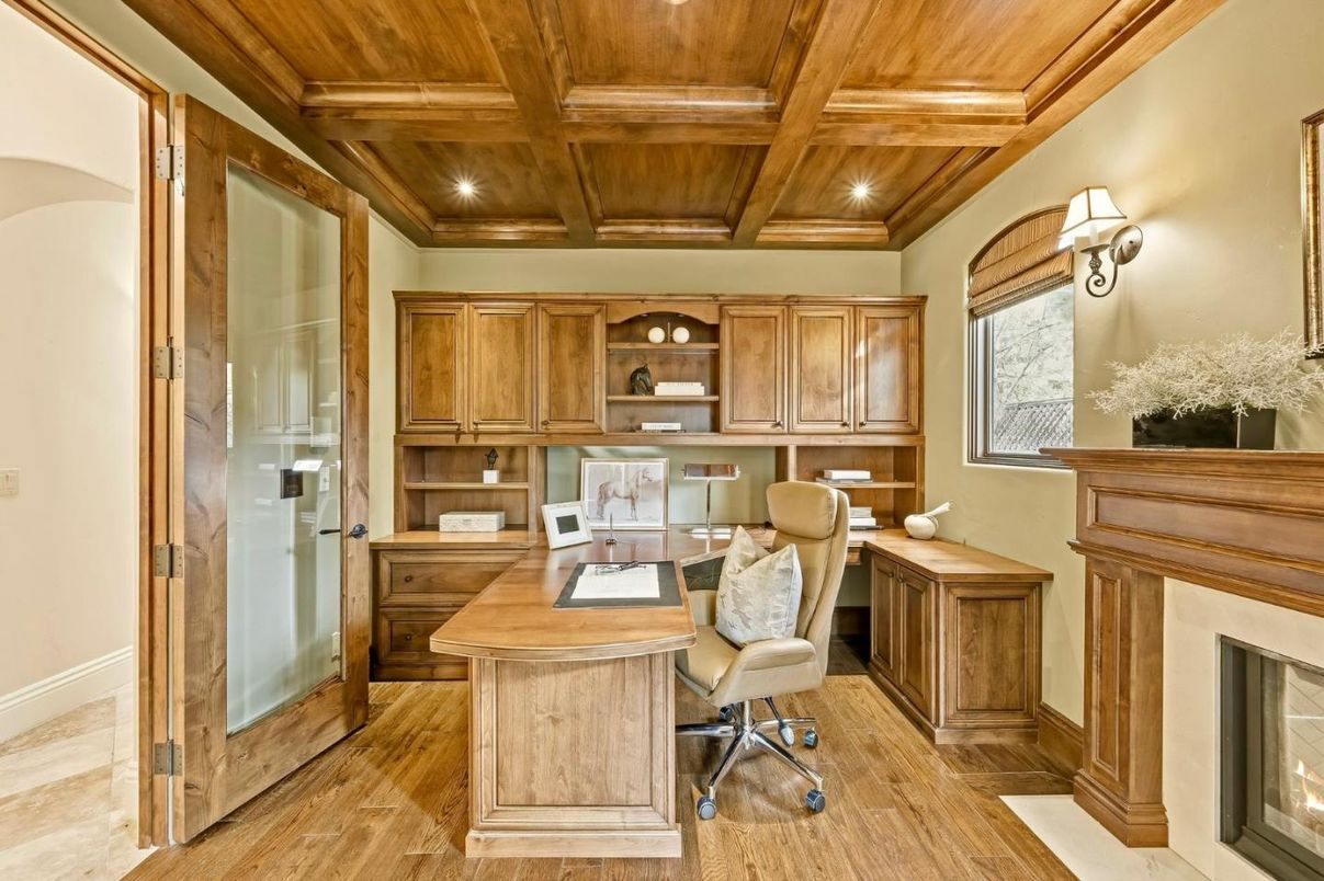 Fireplace, Home Office, Interior, Recessed Lighting, Wooden Beams, Wooden Ceilings, Wood Texture Flooring