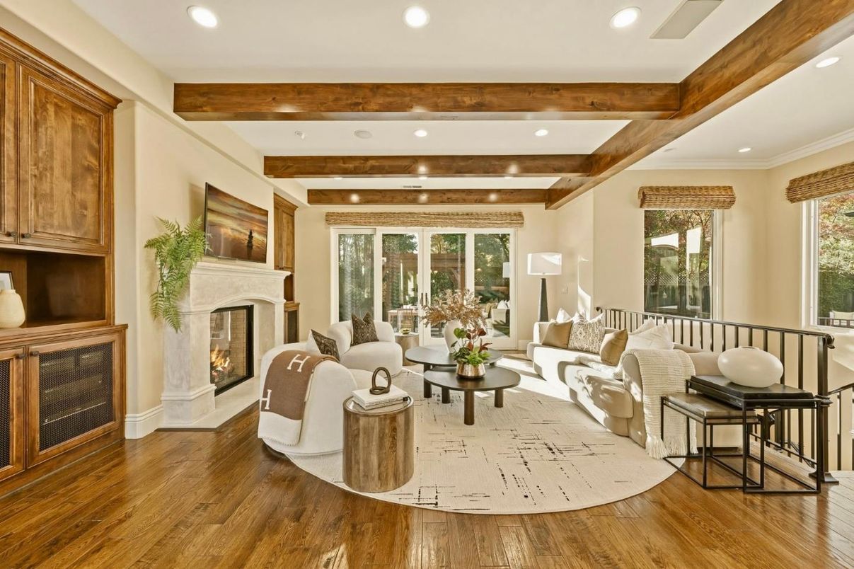 Fireplace, Interior, Living room, Recessed Lighting, Wooden Beams, Wood Texture Flooring