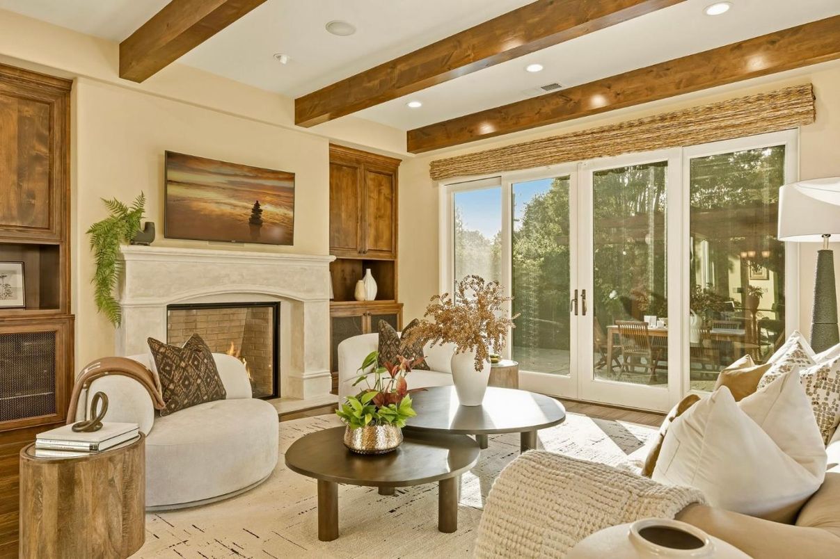 Fireplace, Interior, Living room, Recessed Lighting, Wooden Beams, Wood Texture Flooring