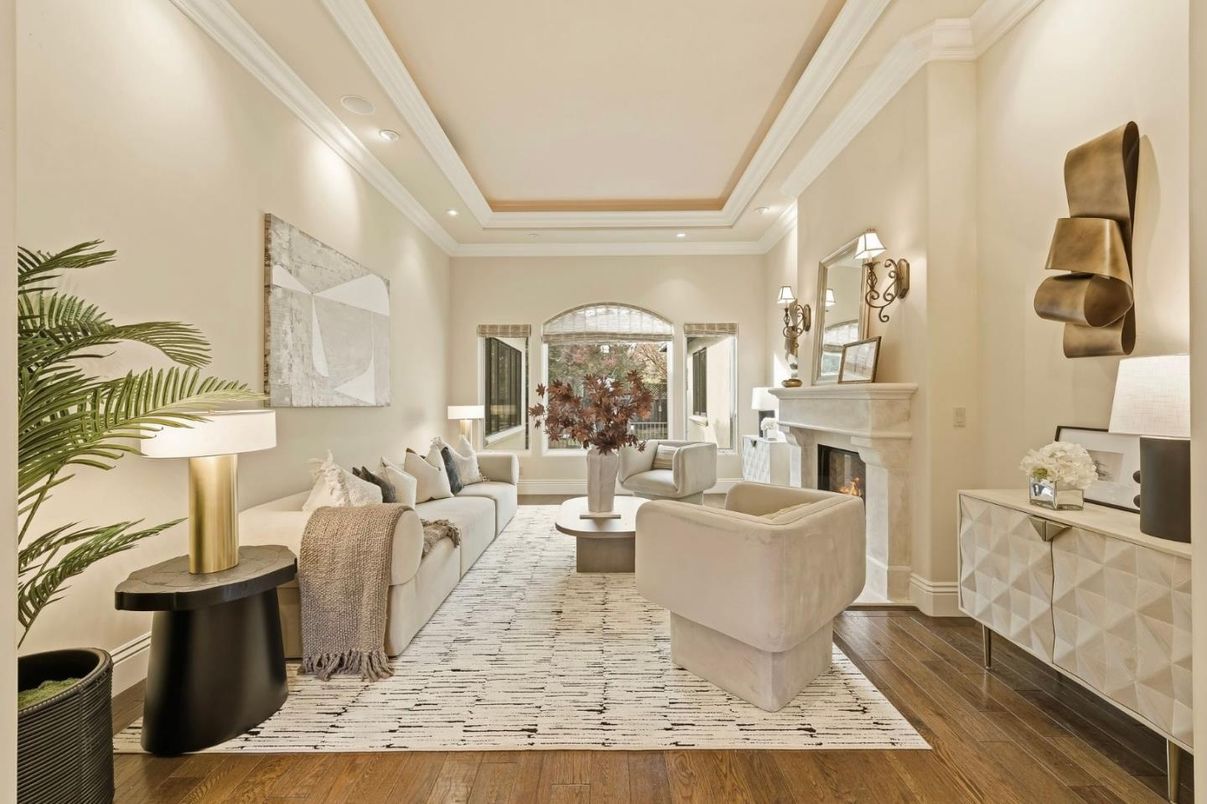 Fireplace, Interior, Living room, Recessed Lighting, Wood Texture Flooring