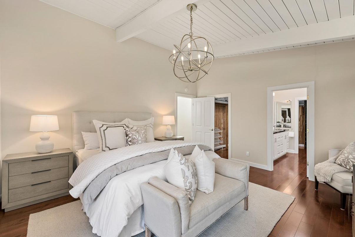 Bedroom, Chandelier, Interior, Wood Texture Flooring