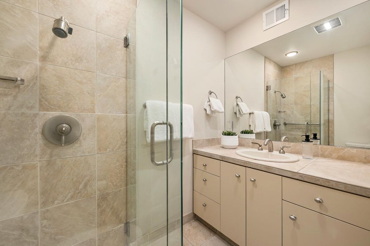 Bathroom, Glass Shower, Interior, Recessed Lighting, Tile Countertops