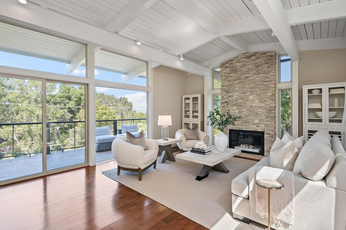 Fireplace, Interior, Living room, Stone Walls, Wood Texture Flooring