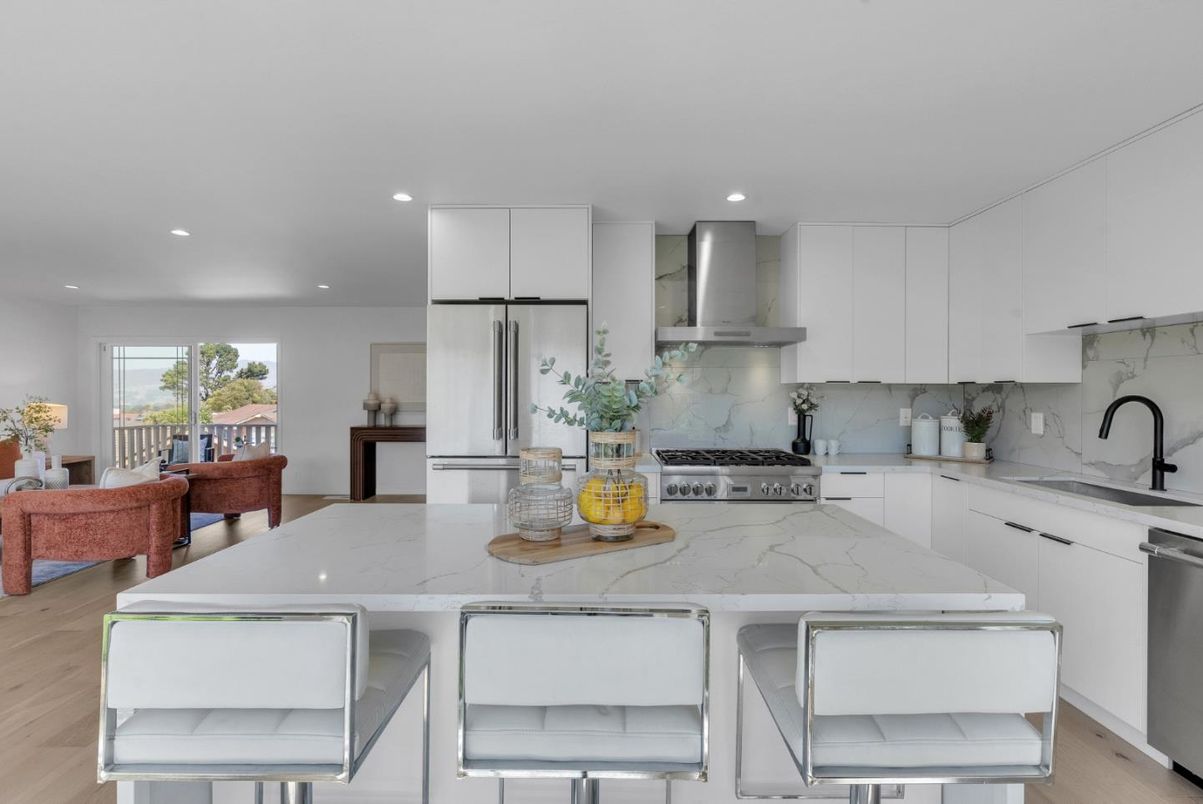 Interior, Kitchen, Marble Walls, Recessed Lighting, Stainless Steel Appliances, Wood Texture Flooring