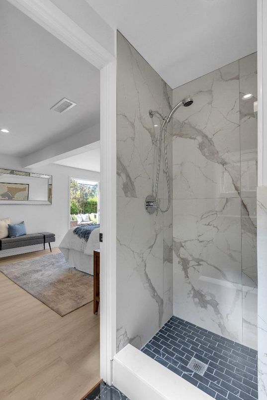 Bathroom, Bedroom, Interior, Marble Walls, Recessed Lighting, Wood Texture Flooring