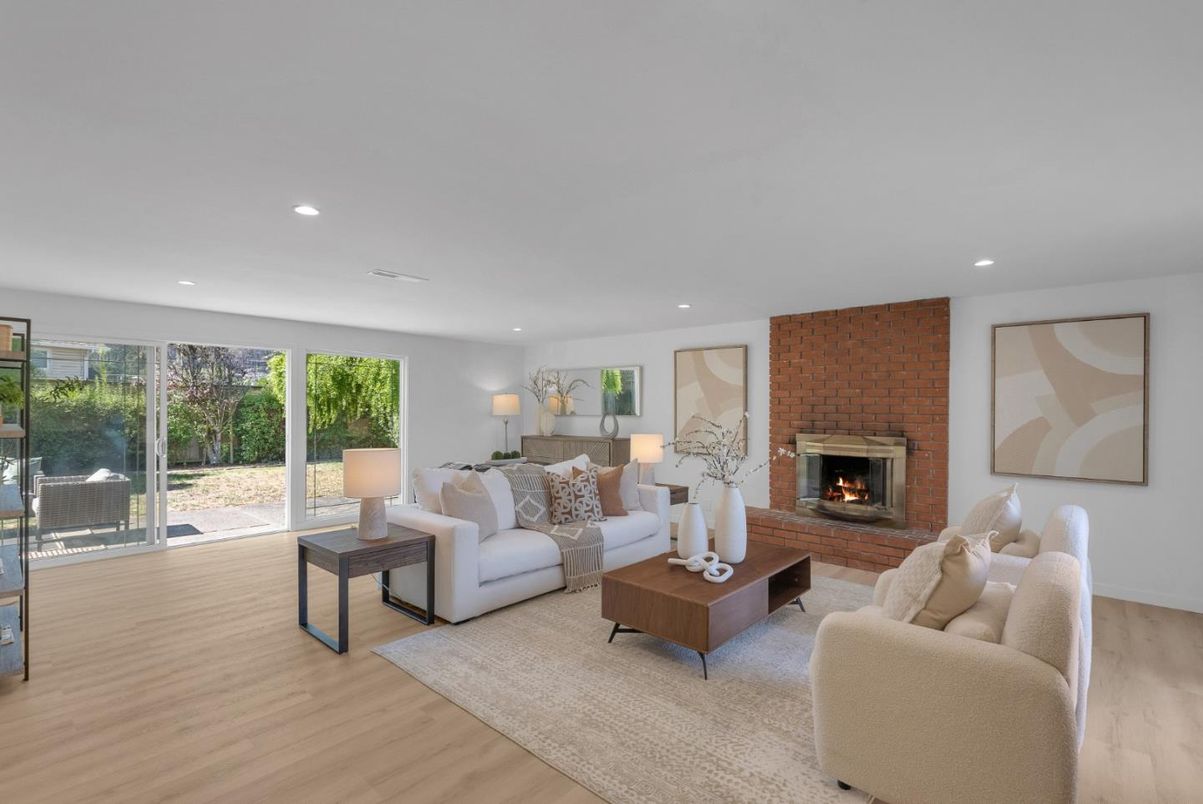 Fireplace, Interior, Living room, Recessed Lighting, Stone Walls, Wood Texture Flooring