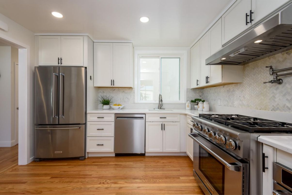 Interior, Kitchen, Recessed Lighting, Stainless Steel Appliances, Wood Texture Flooring