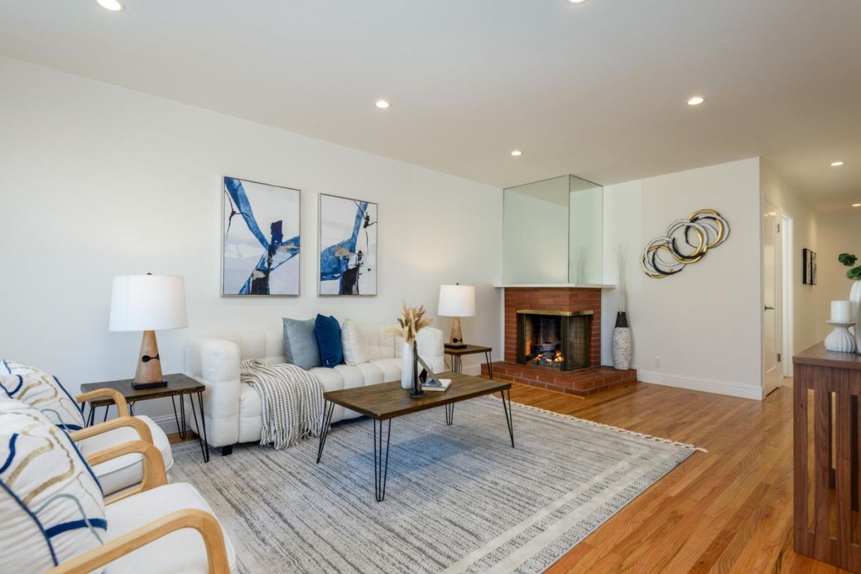 Fireplace, Interior, Living room, Recessed Lighting, Wood Texture Flooring