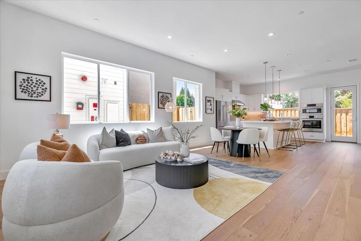 Dining room, Interior, Kitchen, Living room, Pendant Lights, Recessed Lighting, Stainless Steel Appliances, Wood Texture Flooring