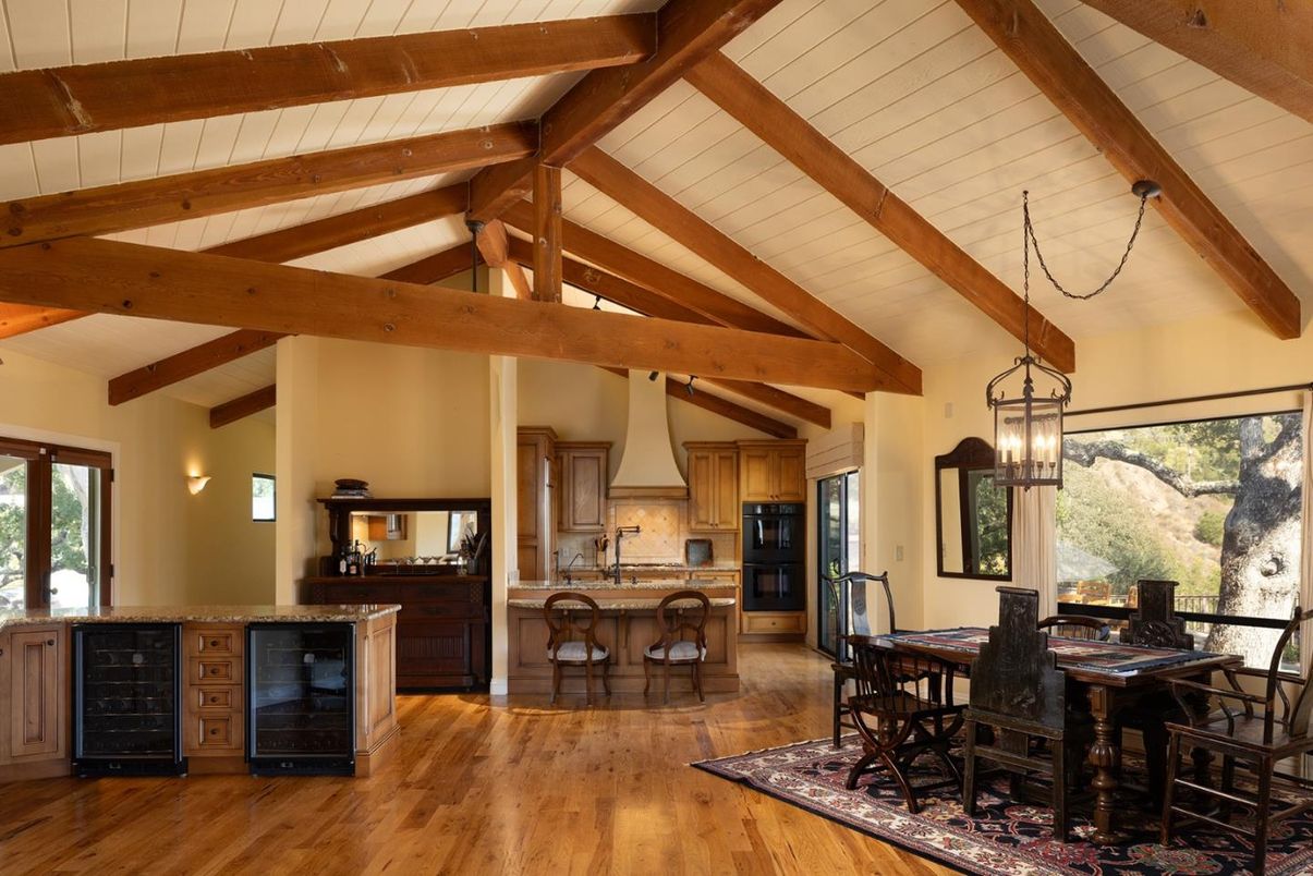 Dining room, Interior, Kitchen, Pendant Lights, Wooden Beams, Wood Texture Flooring